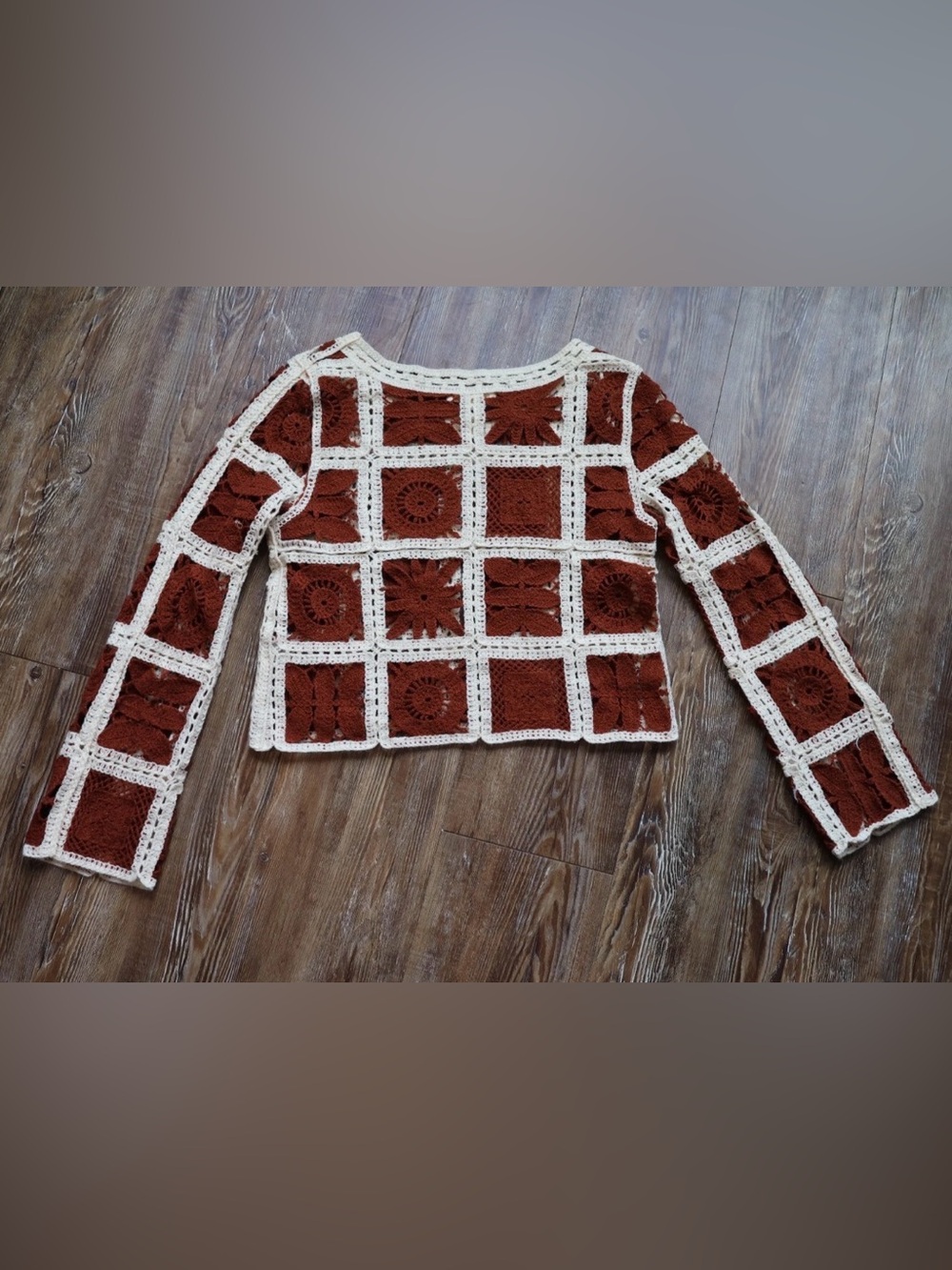 Cropped Crochet Floral Granny Square Sweater Top Hippie Boho Rust Ivory Size S - Picture 2 of 13